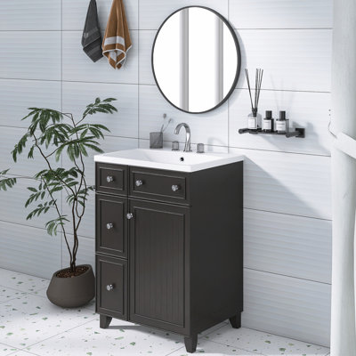 24 Inch. Black Free-Standing Bathroom Vanity With Single Ceramic Sink  |  1 Door And 2 Drawers  |  High Quality Paint | Ideal For Small Bathrooms