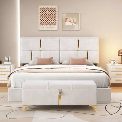 Queen Size Upholstered Platform Bed with Storage Ottoman