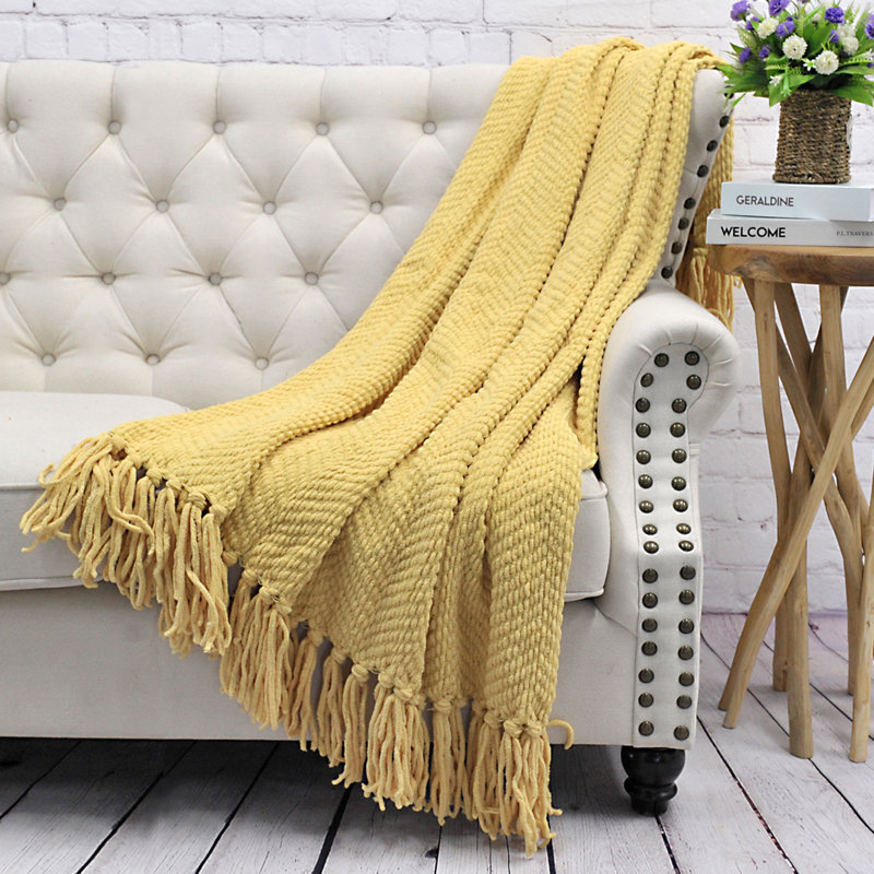 Jeté en tricot de tweed, Jaune jojoba, 60 po x 80 po