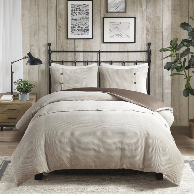 Tan Corduroy Bedding King/ King - Buttoned Duvet Cover, Microfiber Reverse Side, 4 Tie Corners, Washable 3 Piece Cover For Tan, , Button Trim, Soft Reverse, Corner Ties, Include 1 & 2 Shams