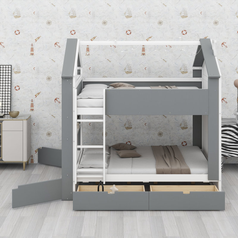 Lit superposé avec tiroirs et étagères, éclairage intégré et conception de maison pour chambres partagées, White+grey