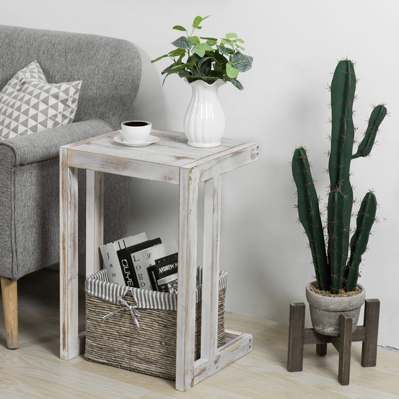 C Shaped End Table, Whitewashed Wood Sofa Side Table with Under Couch Laptop Tray
