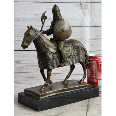 Azekiel Medieval European Warrior Knight On Horseback Bronze Sculpture Statue On Marble Base