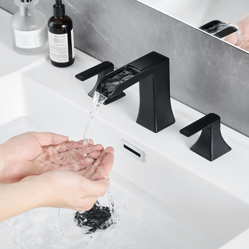 Robinet de lavabo de salle de bain espacé de 8 po, noir avec remplissage en céramique et tuyau de vidange latéral pour meuble-lavabo