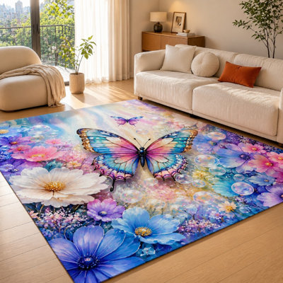 1 tapis artistique à motif floral papillon - conception vibrante et rêveuse, facile à nettoyer, grand tapis mince avec envers antidérapant pour le salon, la cuisine, la cuisine, le bureau, l'intérieur
