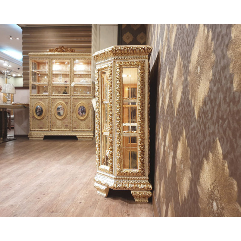 Solid Wood Lighted Curio Cabinet, Ivory/Gold