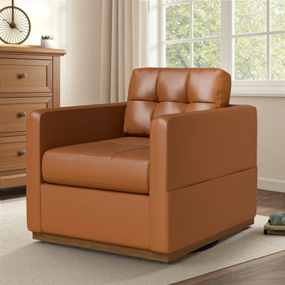 Fauteuil pivotant en cuir de 34,3 po de largeur avec base en bois