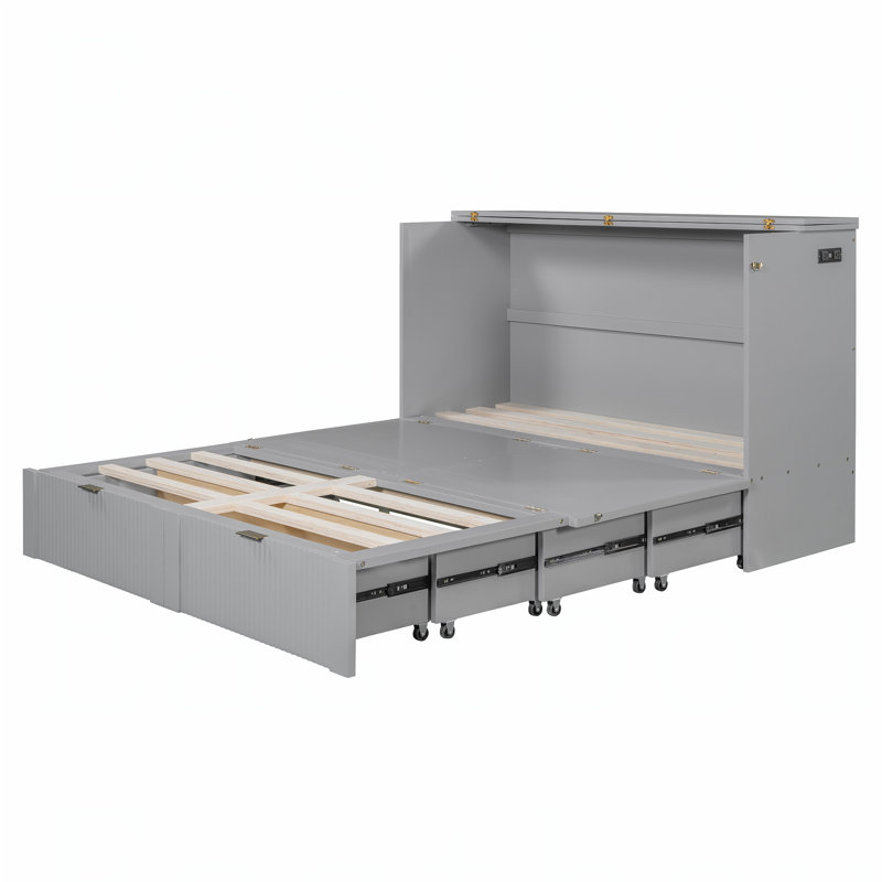 Lit escamotable polyvalent avec rangement pour tiroir et prises et ports USB, structure à poulie pour une conversion facile, idéal pour économiser de l'espace