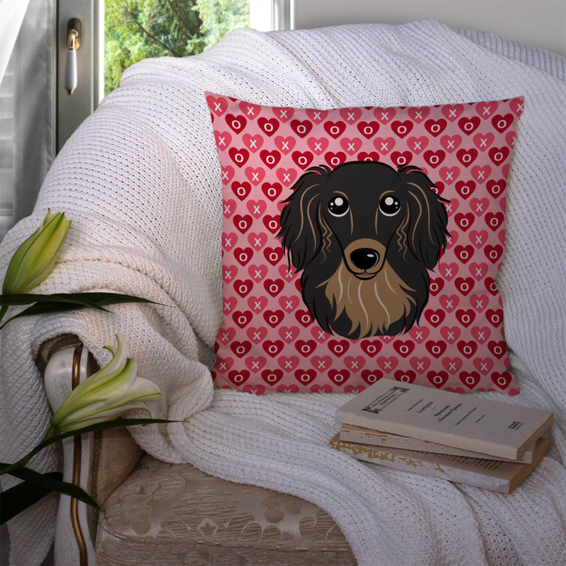 Coussin décoratif intérieur/extérieur schnauzer hearts, 14 po x 14 po, Teckel à poils longs noir et brun clair