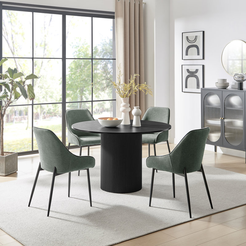 Penny Pillar Round Dining Table Set With 4 Luxury Fabric Dining Chairs - Scratch Resistant Top, Black, Green
