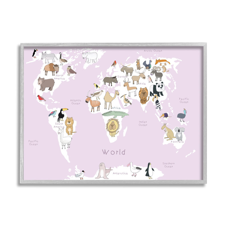 Carte du monde avec des enfants, rose clair - impression, H 24 po x l 30 po, Estampe numérique Farmhouse