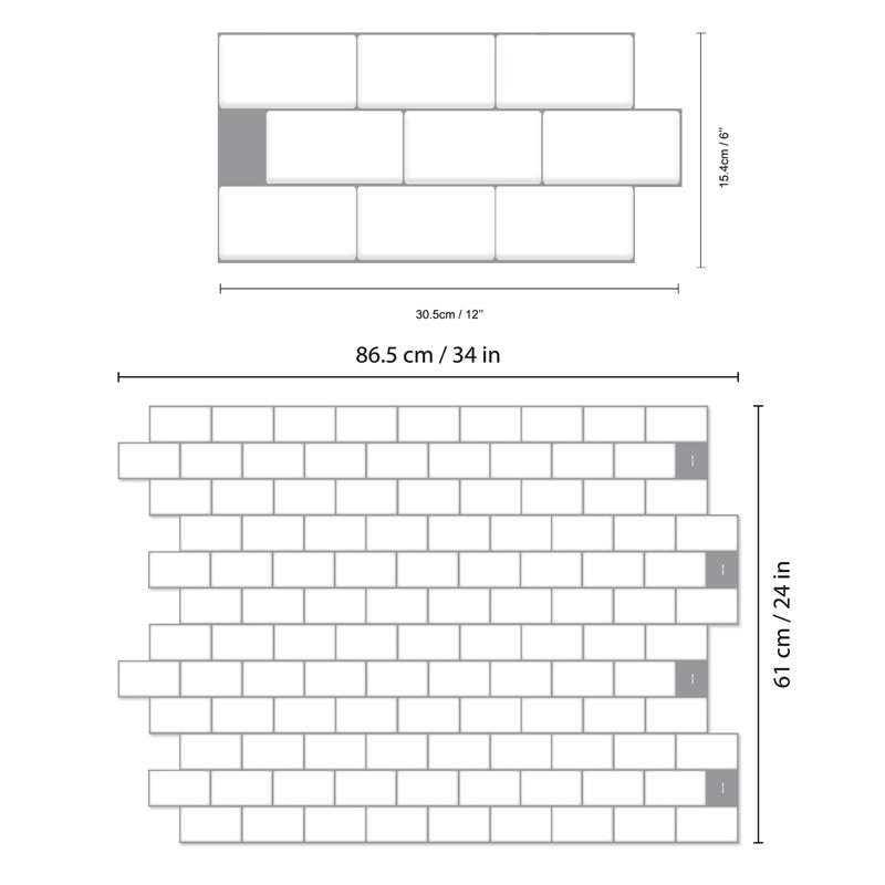 London Metro Classic Brick Brilliant White Glossy 3D Tile Stickers 30.5 x 15.4cm
