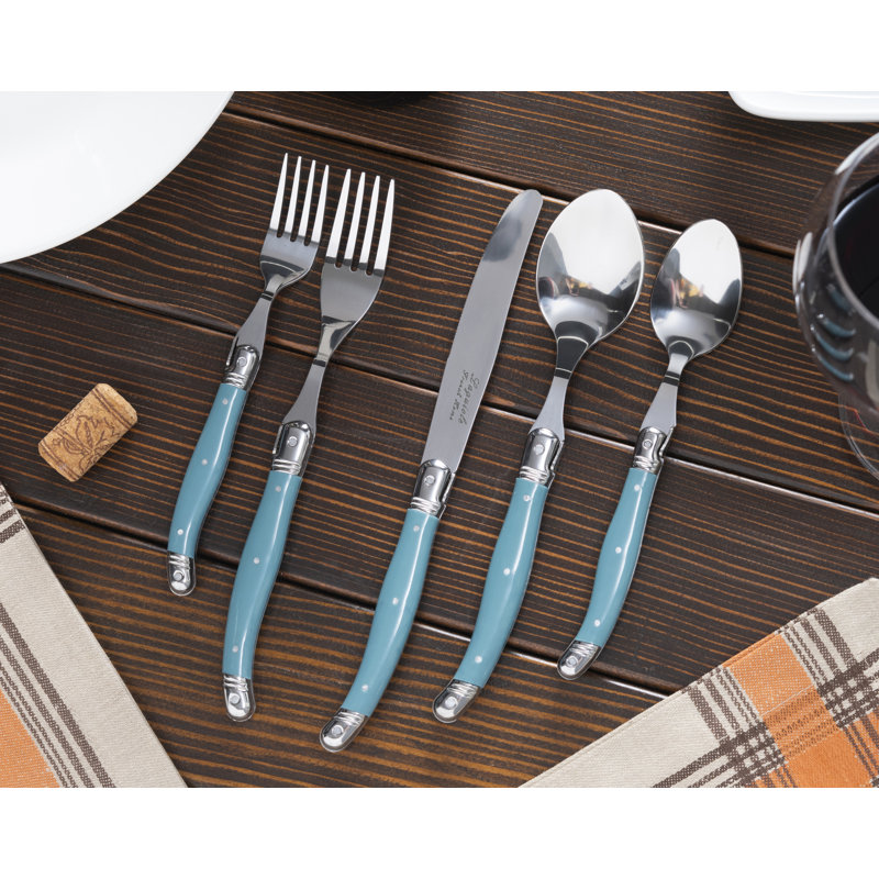French Home Laguiole Stainless Steel Flatware Set, Service For 4 Pearl White, Aegean Teal