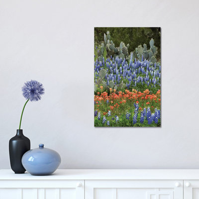 Bluebonnet, Paintbrush Cactus, Texas and Pricky Pear - Vertical 1 Piece Wrapped Canvas Wall Art
