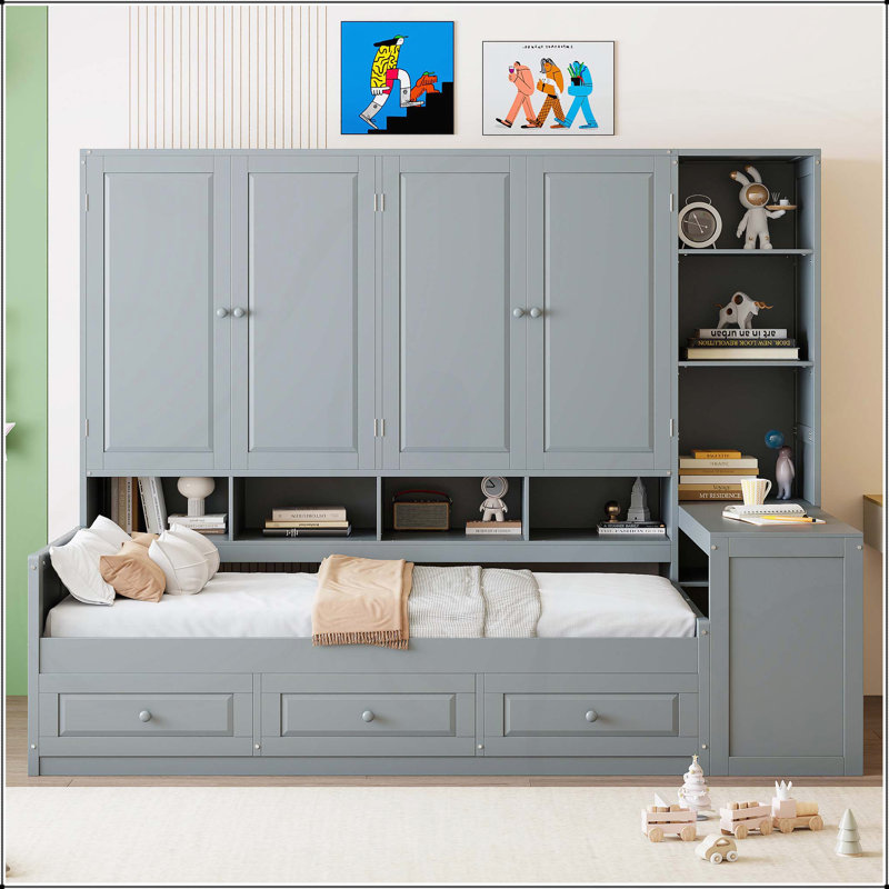 Versatile Wooden Daybed with Integrated Storage and Workspace for All Ages, Twin, Grey