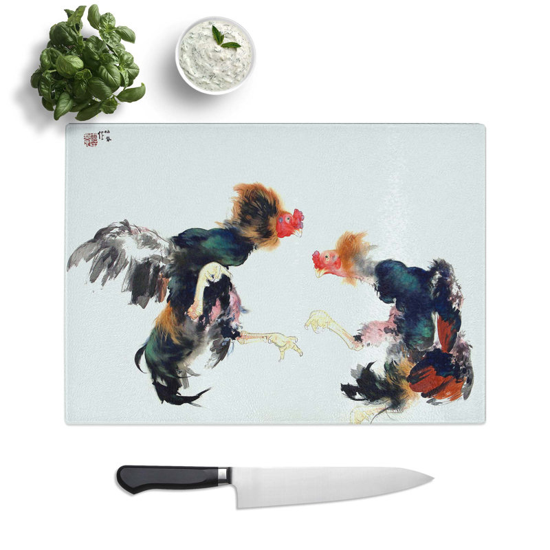 Glass Fighting Cocks by Takeuchi Seiho Chopping Board, 28.5 cm W x 20 cm L