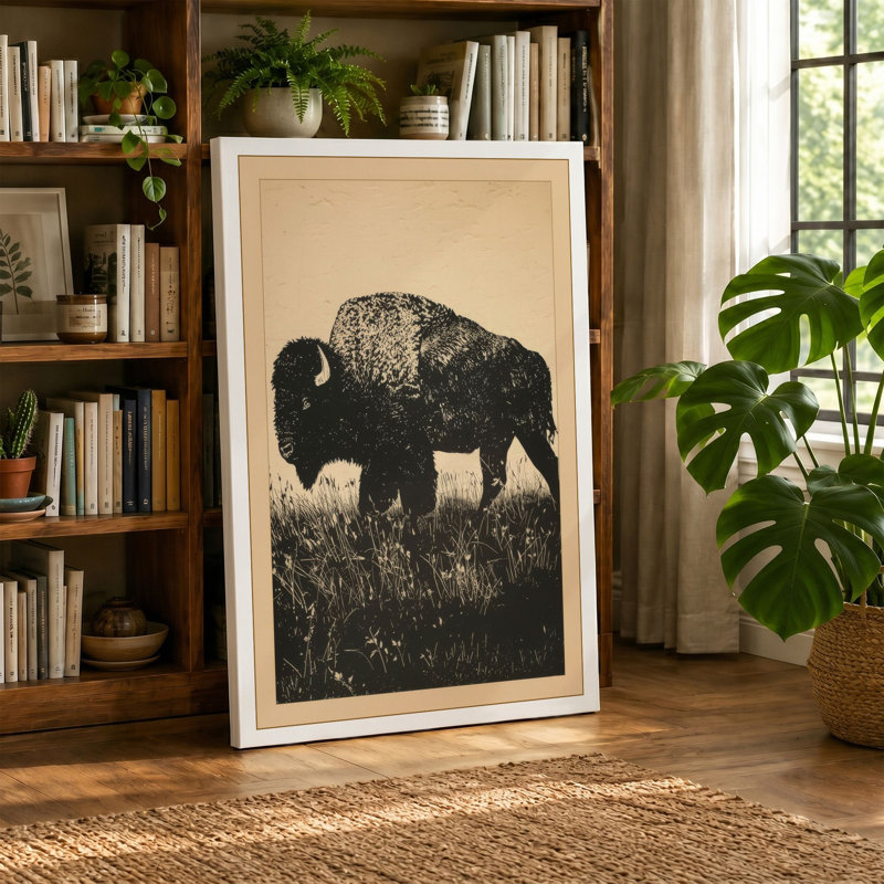 Bison Silhouette Rustic - Wrapped Canvas, 30x20 - 76.2 x 50.8 cm, Ochre Border