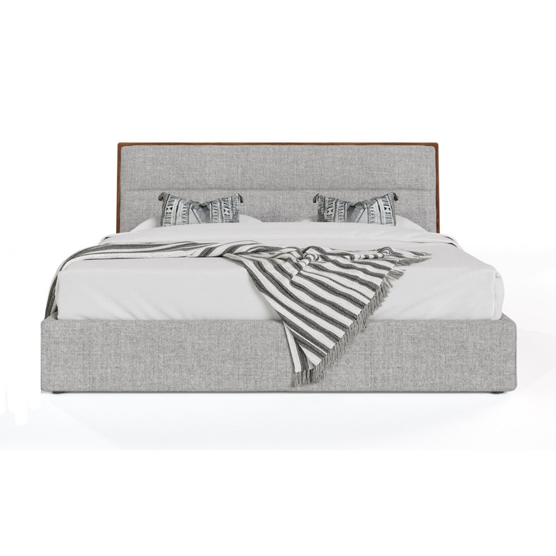 Aki King Platform Bed, Cushioned Grey Polyester Upholstery, Walnut Brown, King