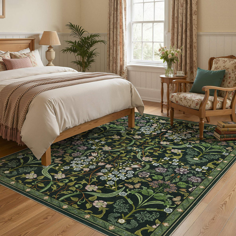 Farmhouse Floral  Area Rug Washable with Non-Slip for Playroom Living Room Bedroom -Green, Rectangle 5' x 7', Green