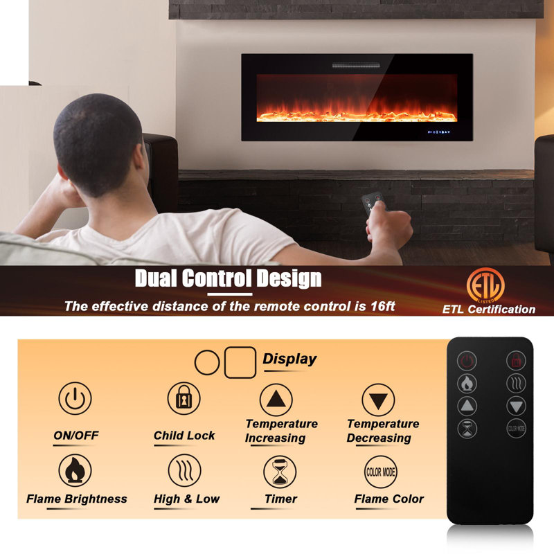 Datus Symple Stuff Black Electric Fireplace Insert, 19" H x 50" W x 5.1" D