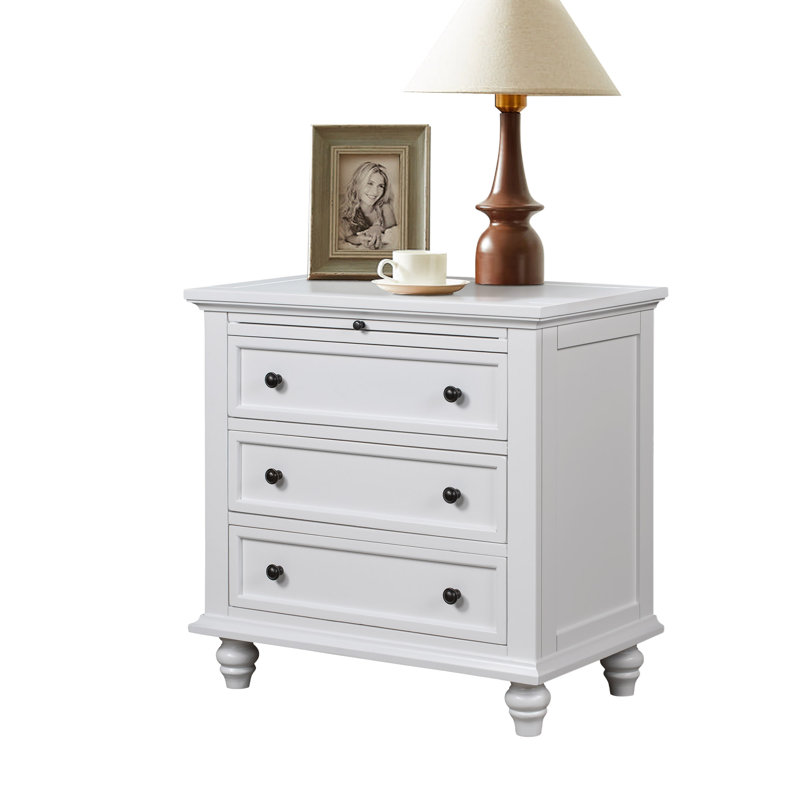 Albers Traditional 3-Drawer Nightstand with Pull-out Shelf and Solid Wood Legs, White, Individual