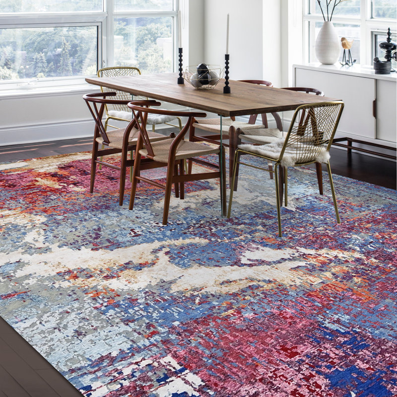 Hand Knotted Abstract Area Rug in Turquoise/Red/Gray/Pink, Rectangle 8' x 10'