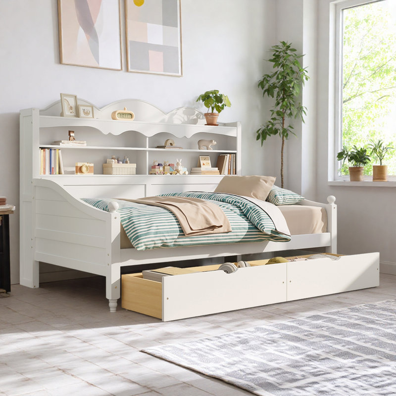 Wooden Day Bed, Twin Daybed with Storage, White