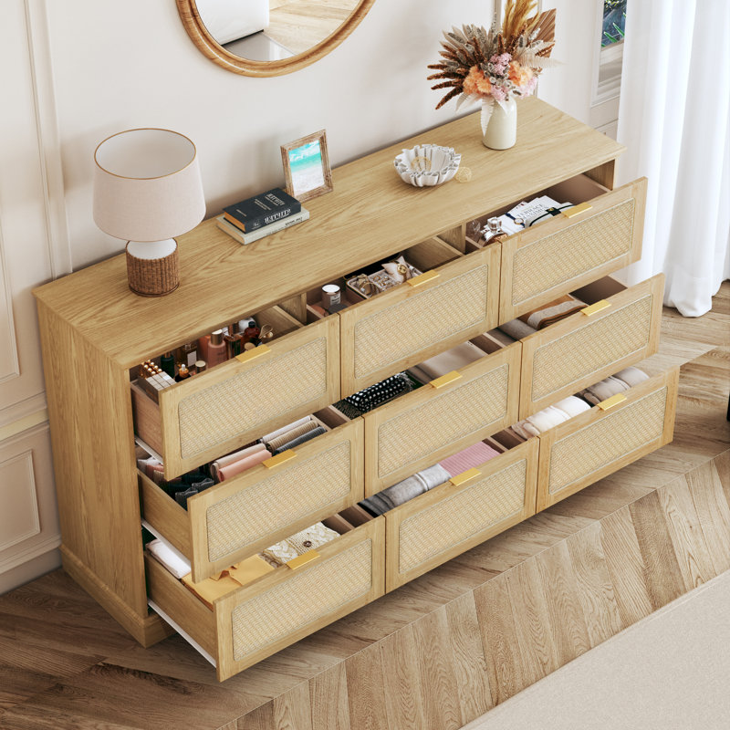 9-Drawer Boho Wood Chest Of Drawer 60" Wide Rattan Style