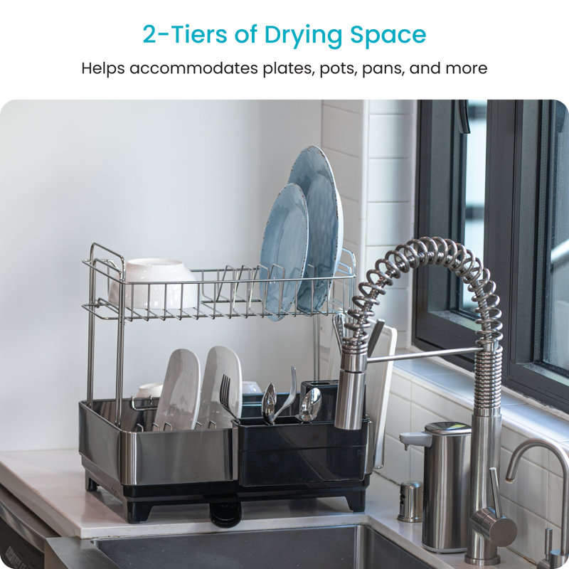 Home Zone Living 2-Tier Stainless Steel Dish Drying Rack with Side Racks and Drain Pipe