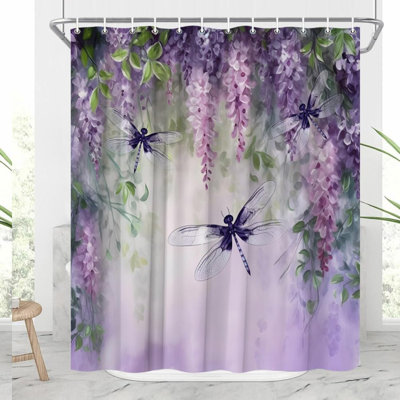 Rustic Violet Dragonfly Shower Curtain - Wisteria Floral Farmhouse Decor, Polyester Fabric with Hooks