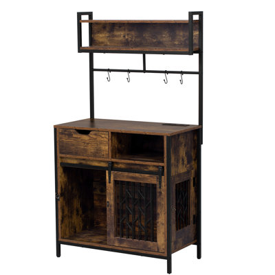 Pet Furniture Style Dog Crate Composite Desk Showcasing Industrial Design, Drawer Storage, Rest Area, Integrated , Wall Hooks, Rustic Brown +Steel Piece Functioning As With Aesthetic Quality And Open