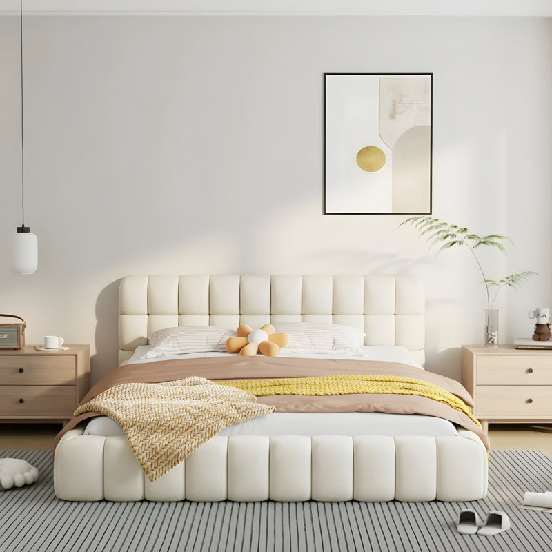 Élégant très grand lit plateforme en lin avec tête de lit tapissier et structure solide, Beige, Très grand