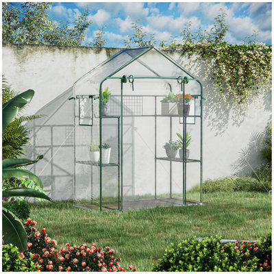 Mini maisonnette extérieure avec porte grillagée et fenêtres, petite maisonnette de jardin portative à 3 niveaux et 6 tablettes, treillis et étiquettes de plantes