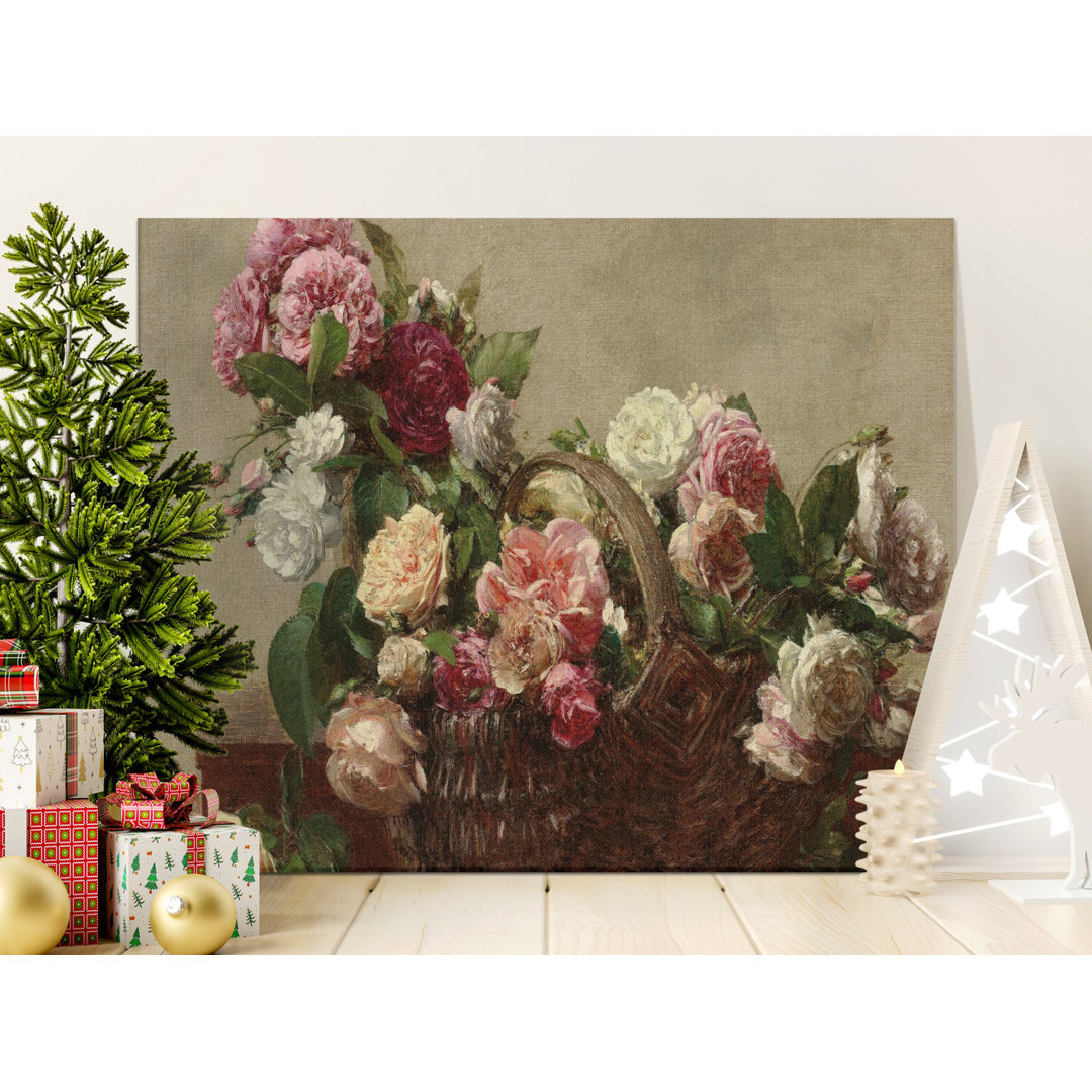 Roses Canvas Wall Art, Flower Basket Print, Gallery Wrapped Canvas, Ready to Hang Art, Floral Still Life, Archival Quality, Modern Home