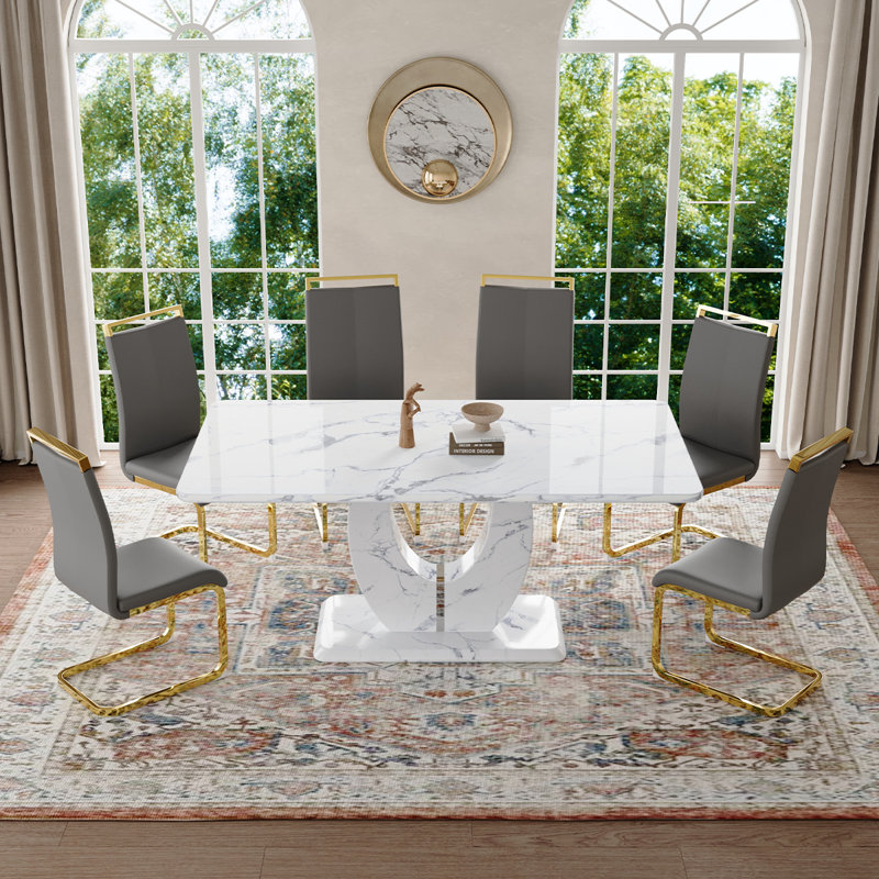 Ensemble de table de salle à manger, Gris/doré, Marbre blanc, 7 pièces