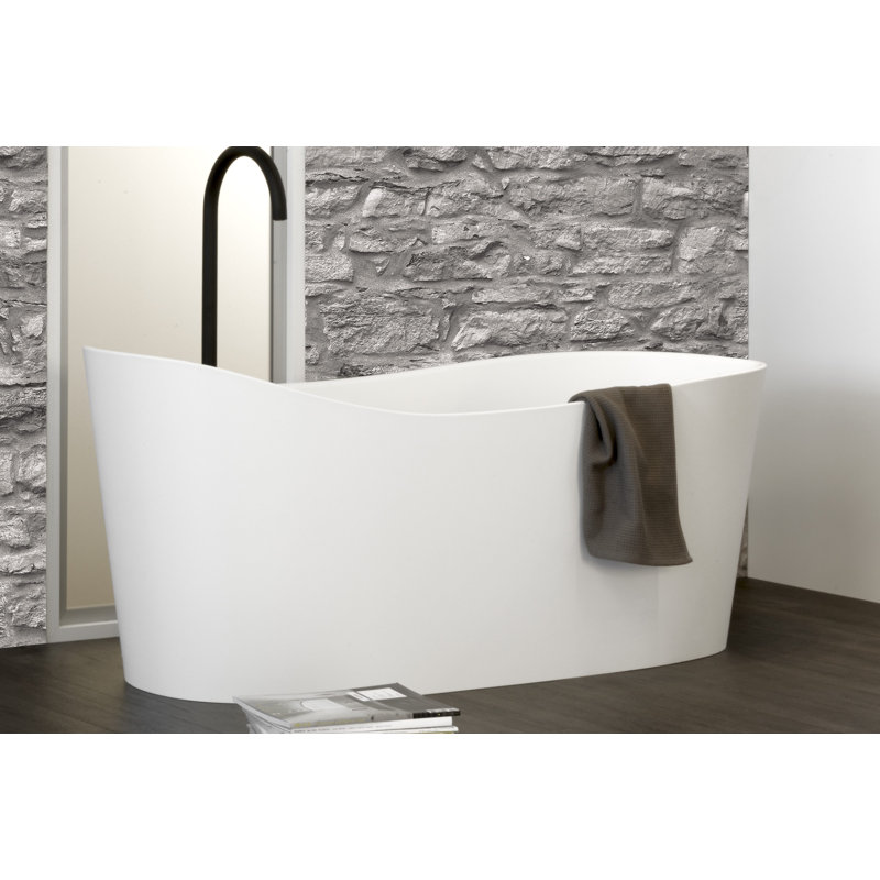 Wave 57.63" x 26.25" x 24.81" Freestanding Solid Surface Soaker Tub, White True High Gloss, Satin Brass