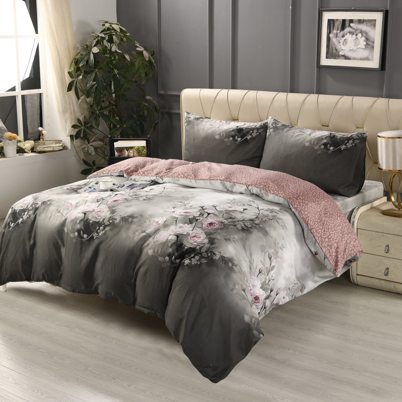 Bliss Complete Bedding Set Floral Grey Duvet Cover Fitted Sheet With Matching Pillow Case