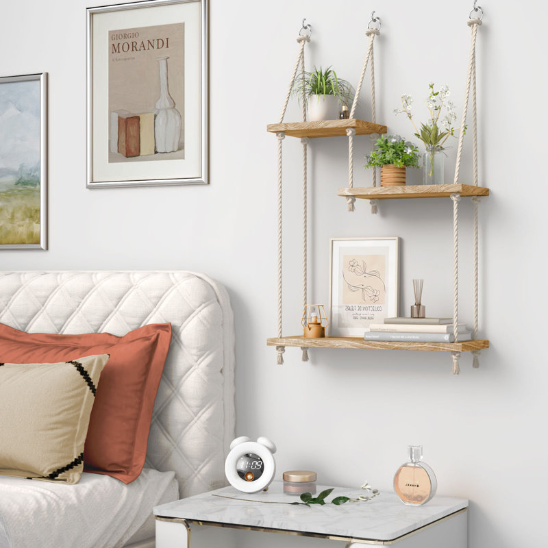 Étagères en bois à 3 niveaux suspendues en macramé, support de rangement mural flottant Boho avec lierre artificielle, étagère de balançoire en corde pour la décoration des plantes de cuisine de la chambre à coucher, capacité de poids totale de 24 lb