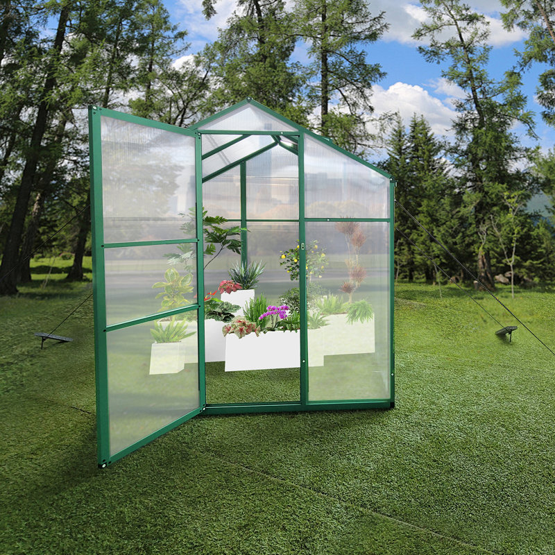 Base surélevée en polycarbonate à effet de serre et serres en aluminium robuste, H 86,42 po x l 49,13 po x P 72,83 po, Vert