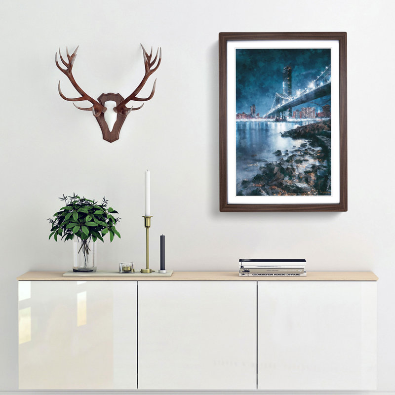 The Brooklyn Bridge in New York - Framed Print, 63cm H x 45cm W x 2cm D, Walnut Framed
