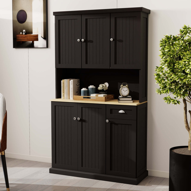 71" Kitchen Pantry Storage Cabinet With Microwave Oven Countertop, Black