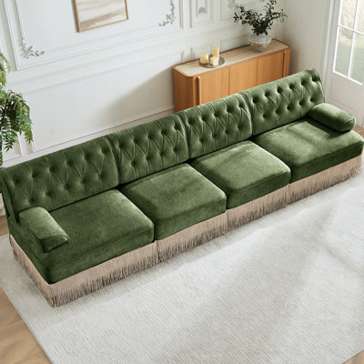 Canapé modulaire en velours modulaire à 4 places, bouton, pompon et molleton doux confortable pour le canapé modulaire avec dossier, jupe et tissu de base