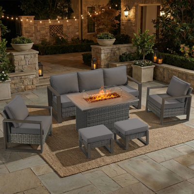 4-Piece Outdoor Rattan Modern Patio Fire Pit Conversation Set With Sofa & Armchair