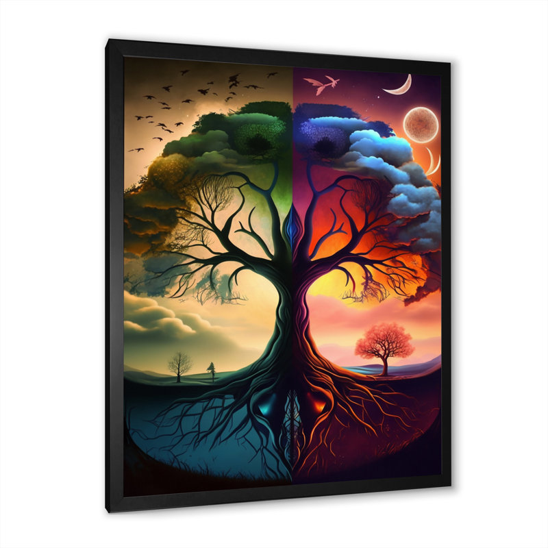 «Tree Of Life Day and Night I», reproduction sur toile, H 20 po x l 12 po x P 1 po, Toile avec cadre photo noir