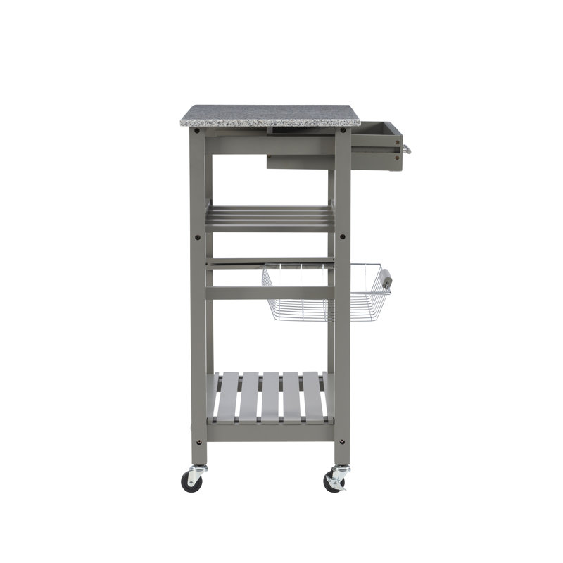 Chariot de cuisine en granit avec tiroir utilitaire et panier Macy, Blanc, Granit
