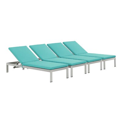 Shore Set of 4 Outdoor Patio Aluminum Chaise with Cushions by Modway -  EEI-2738-SLV-TRQ-SET