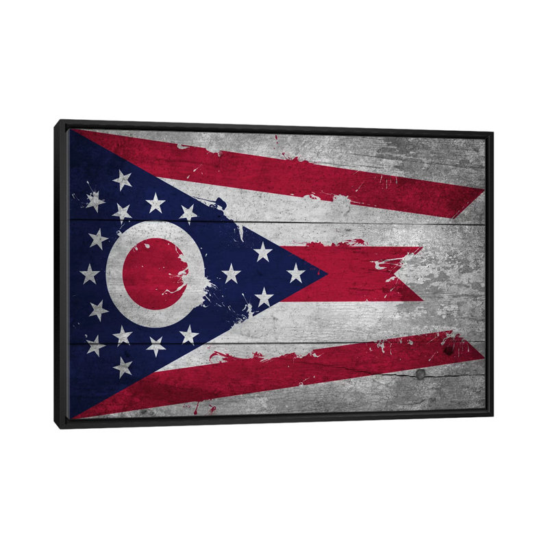 «Flags Ohio Planks with Splatters», impression sur toile, H 18 po x l 26 po x P 1,5 po, Toile avec cadre noir, Pas de tapis