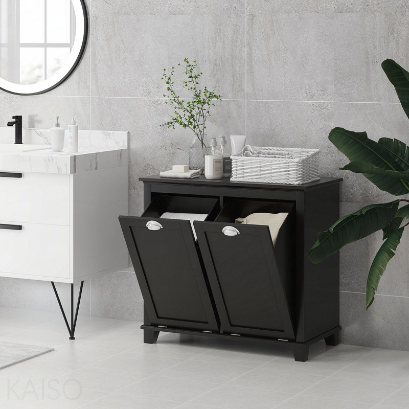 Dual Tilt Out Laundry Hamper Cabinet, Bathroom Storage Cabinet With 2-Compartment Hamper, Modern  Floor Cabinet For Washroom, Black