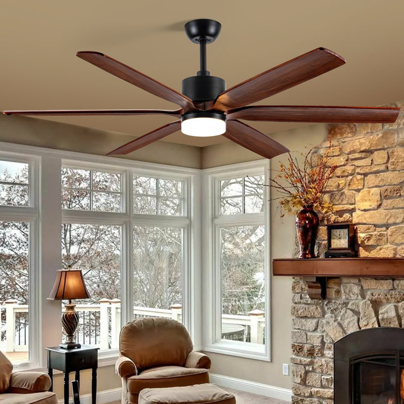 Ventilateur de plafond en bois massif avec lumière, 60 po de largeur, Noir, Bois moyen