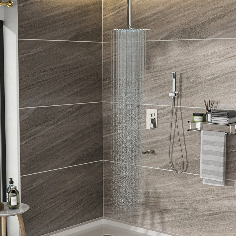 Brushed Nickel Shower System - 12" Ceiling Mount Square Waterfall Tub Spout 3 Function, Rainfall & Handheld Valve Uncomplicated Installation Clean In Easy And Cleanliness Featurette